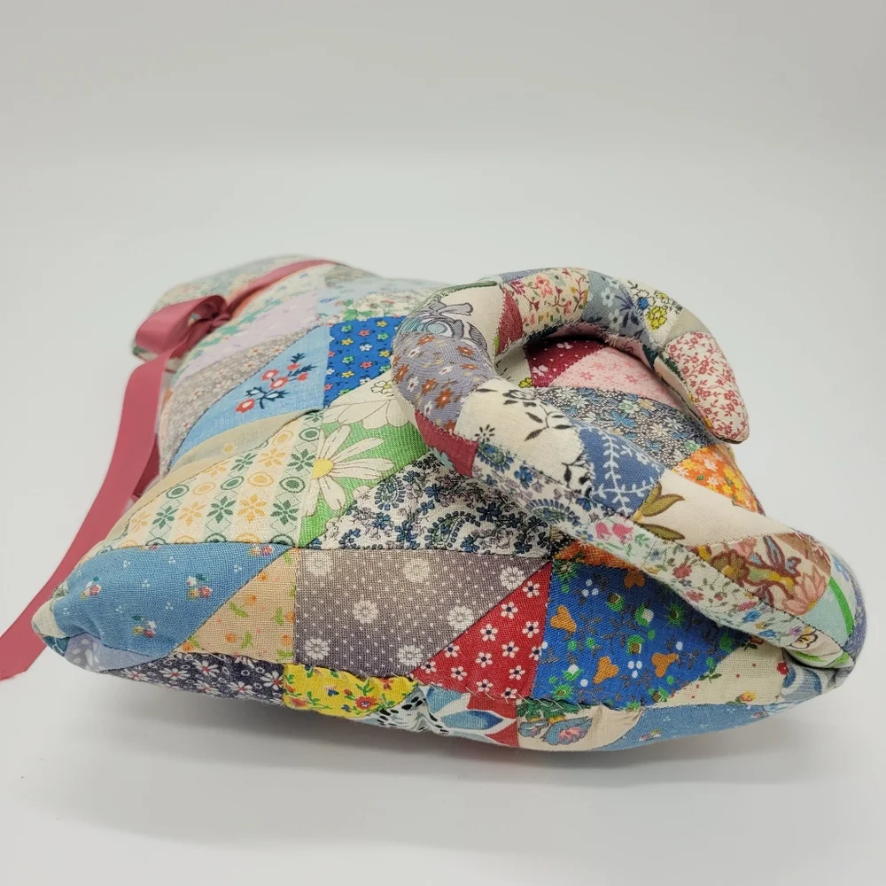 Vintage Patchwork Quilt Cat Pillow Pink Ribbon Cottage Granny Hand Crafted Decor